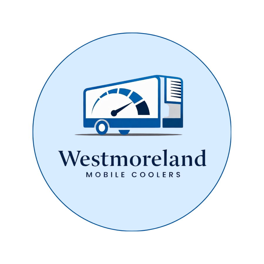Logo for Westmoreland Mobile Coolers featuring a blue and white cooling unit with a gauge indicating cold temperature.