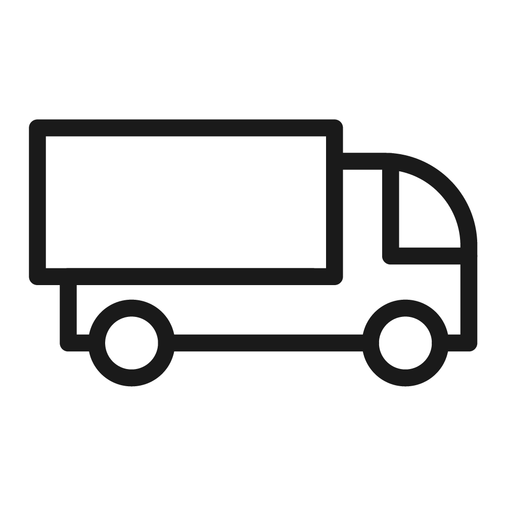 Black delivery truck icon on a transparent background.