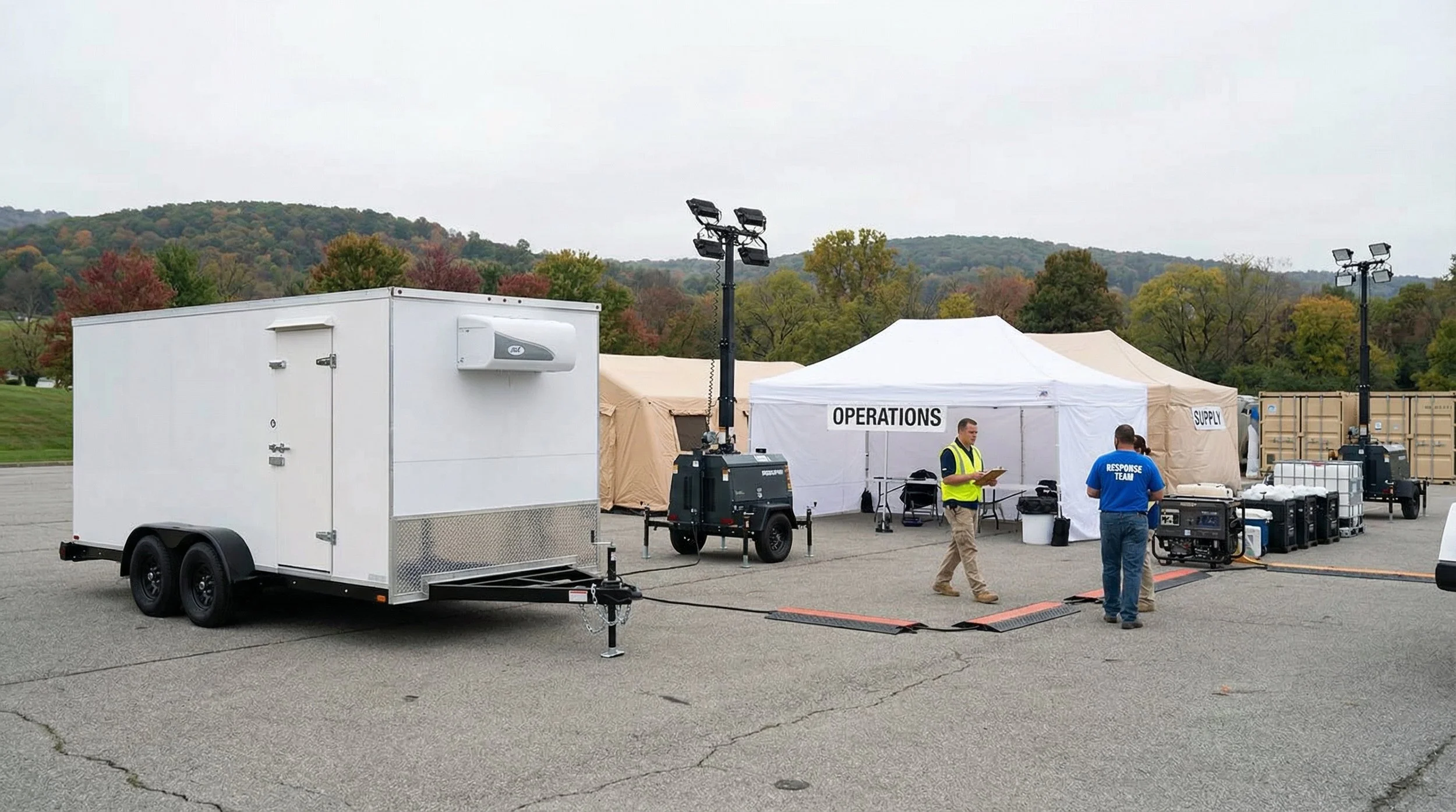 Outdoor emergency response setup with tents labeled 'Operations' and 'Supply', portable lighting, and response team members in Vests and T-shirts, surrounded by equipment and trailers, with a mountain and fall foliage background.