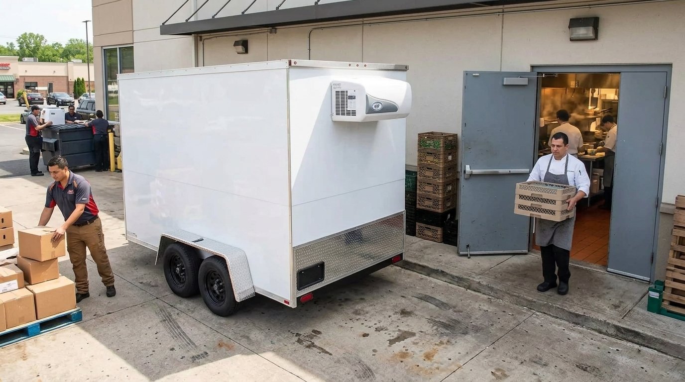 People unloading a white food trailer outside a building with a kitchen visible through the open door.