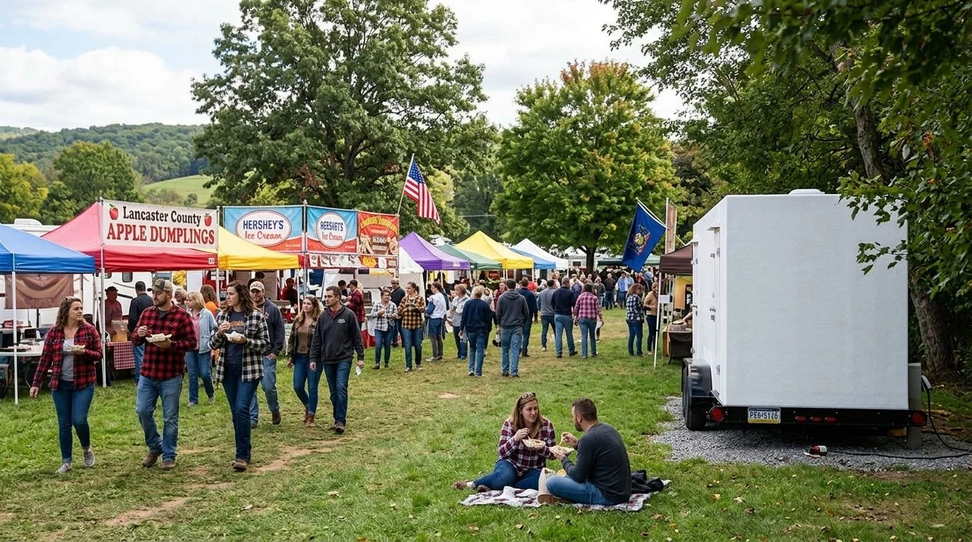 People attending an outdoor fall fair or farmers market with food stalls, tents, and trees in the background. Two people sit on a blanket eating food, while others walk and browse the stalls.