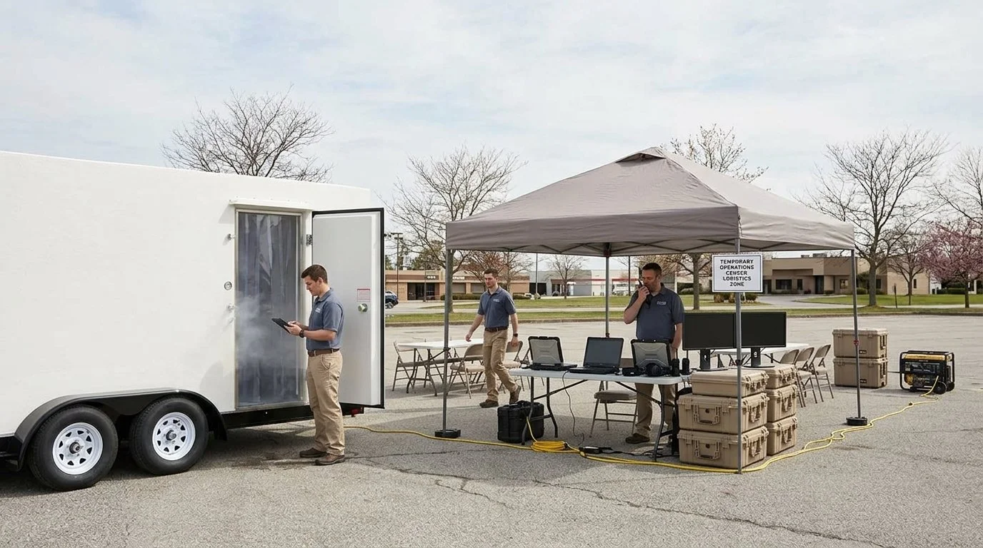 Team of technicians working at an outdoor mobile command center setup with laptops, monitors, and a generator, in a parking lot with a tent labeled
