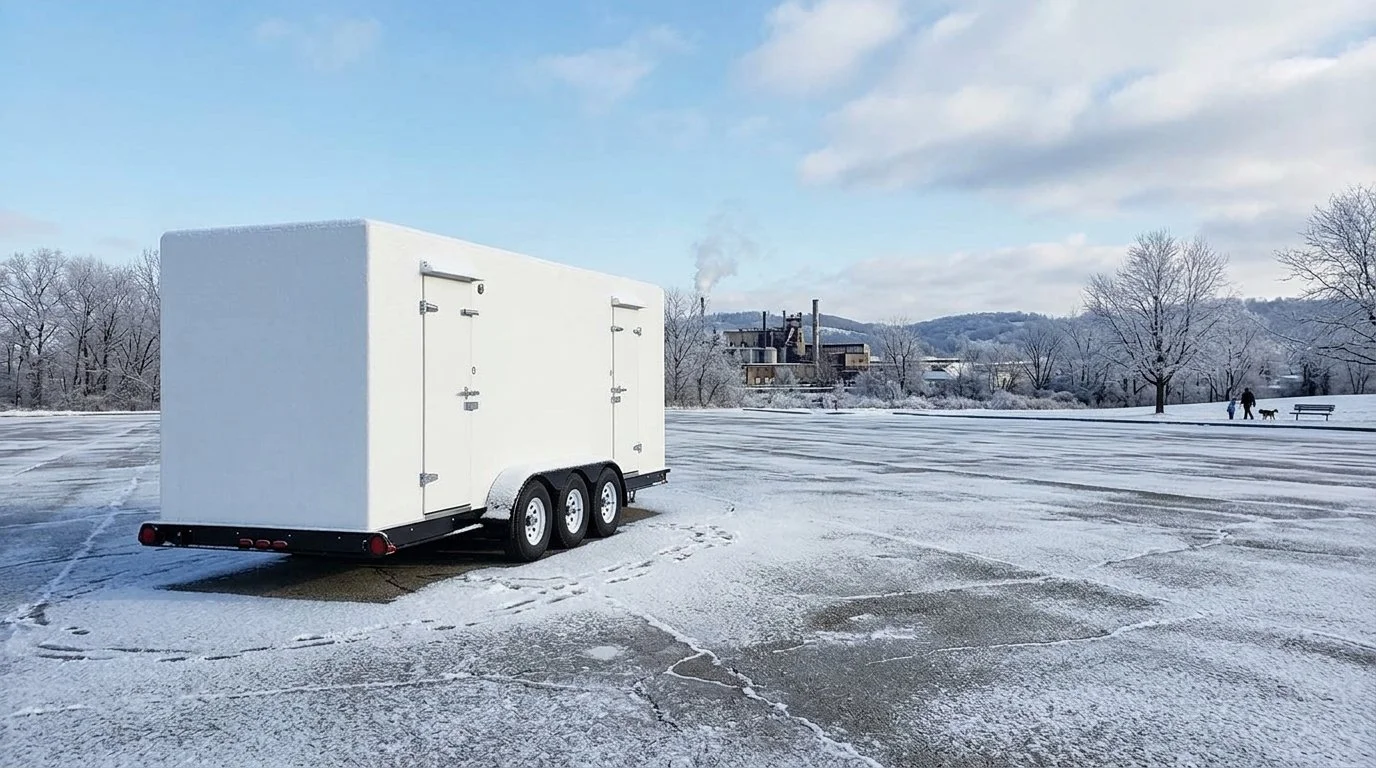 Empty white enclosed trailer on snow-covered ground in a winter landscape with trees, a hill, and industrial buildings in the distance.