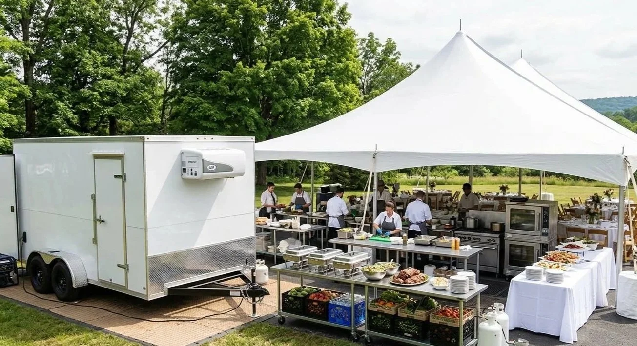 Outdoor catering setup with a white tent, tables with various food dishes, and a help trailer in a green park-like setting.