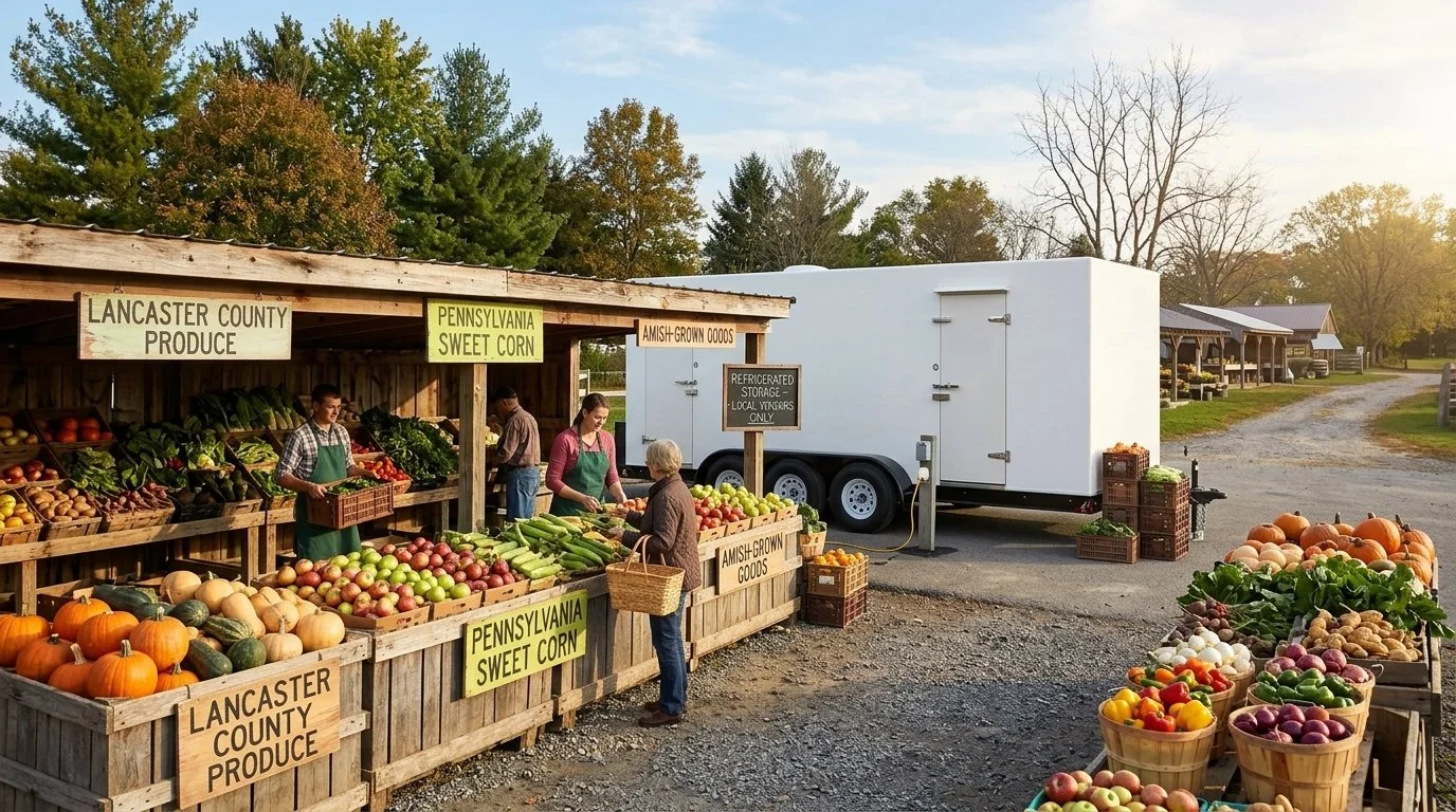 Farmers market stand with fresh produce labeled Lancaster County Produce, Pennsylvania Sweet Corn, and Amish Grown Goods, with customers shopping surrounded by trees and a trailer in the background during autumn.