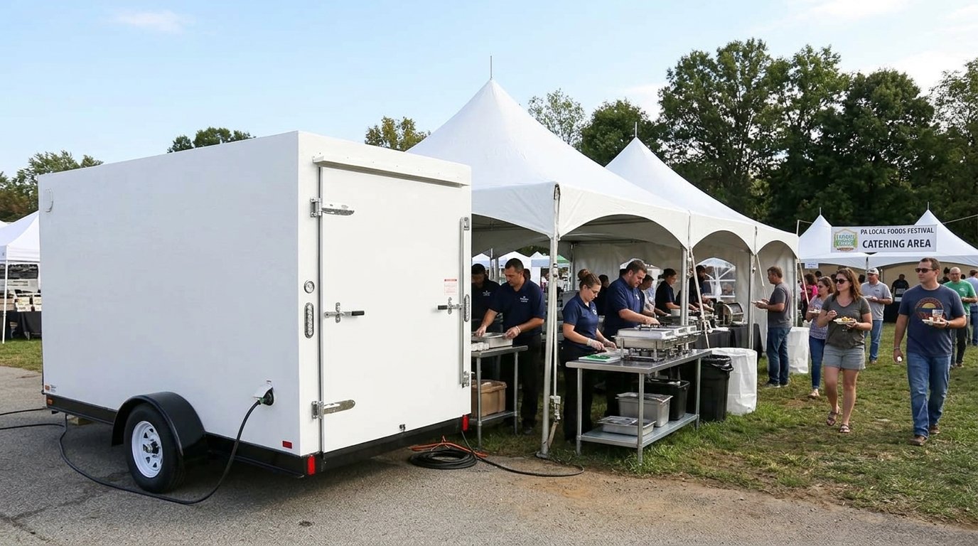 Food serving station at a festival with catering tents, people dining, and trees in the background.