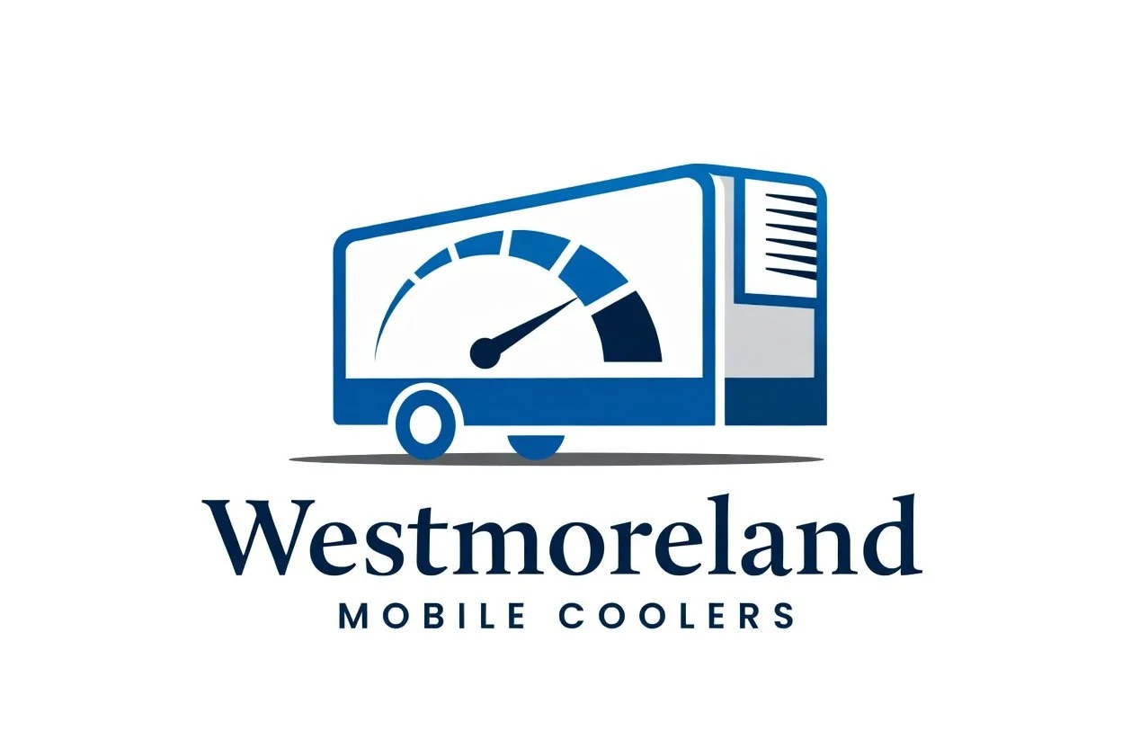 Logo of Westmoreland Mobile Coolers featuring a blue and white illustration of a trailer with a gauge on it.