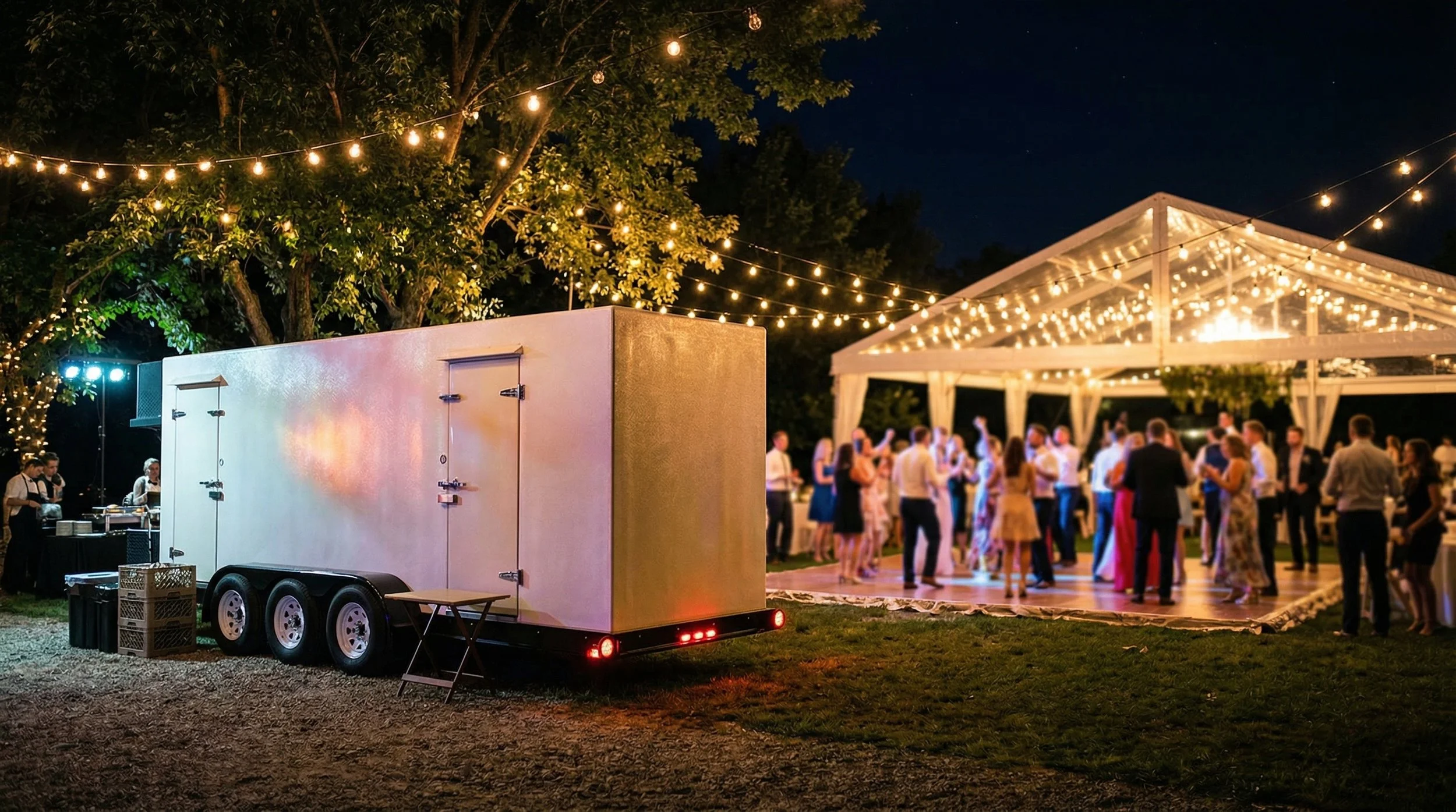 An outdoor nighttime celebration with string lights, a dance floor under a decorated pavilion, and a food trailer in the foreground.