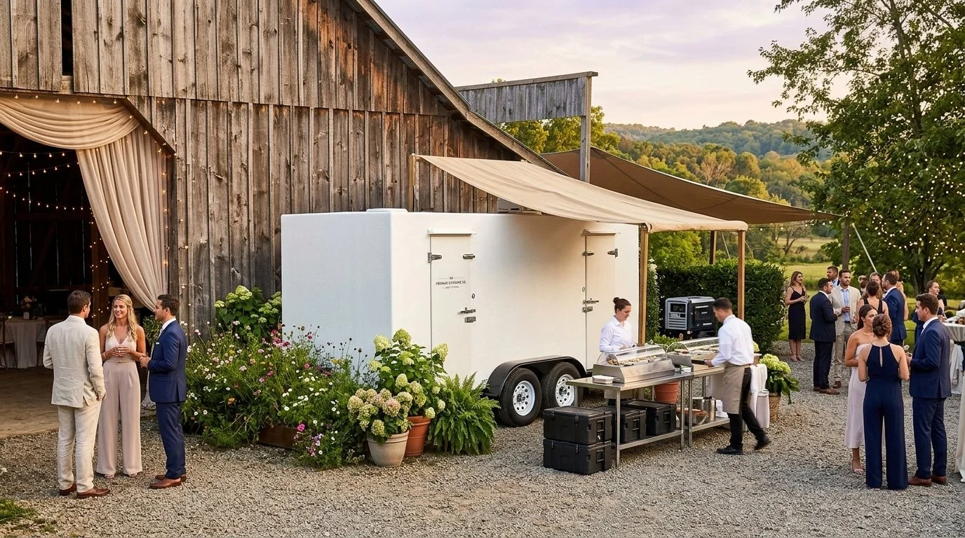 People attending outdoor social event near a rustic barn, with food served from a mobile food trailer and string lights in a scenic rural setting.