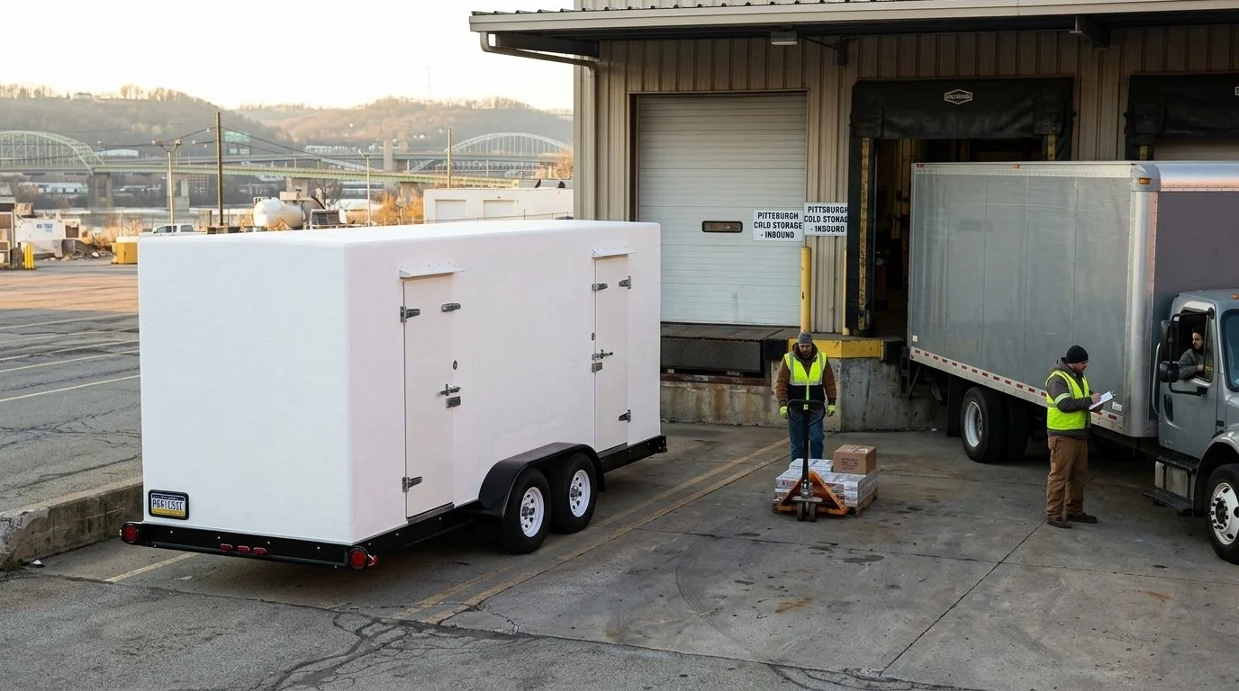 Loading dock with two workers wearing high-visibility vests, one of which is reading a clipboard, near delivery trucks and a white enclosed trailer.