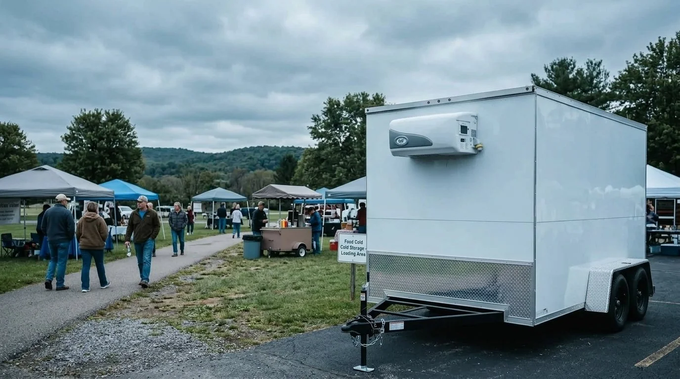 Outdoor market with tents, people walking, and food vendors, next to a white food storage trailer on a cloudy day.