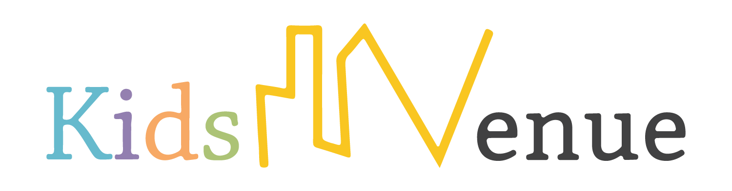 Colorful text reading "Kids in the Avenue" with a geometric design element in place of the letter "i" in "in."