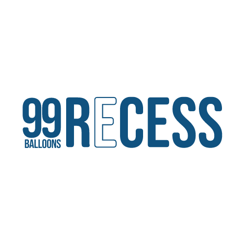 Logo for 99 R Bash Balloons with the words 'BALLOONS' and 'RECESS' in blue and black text.