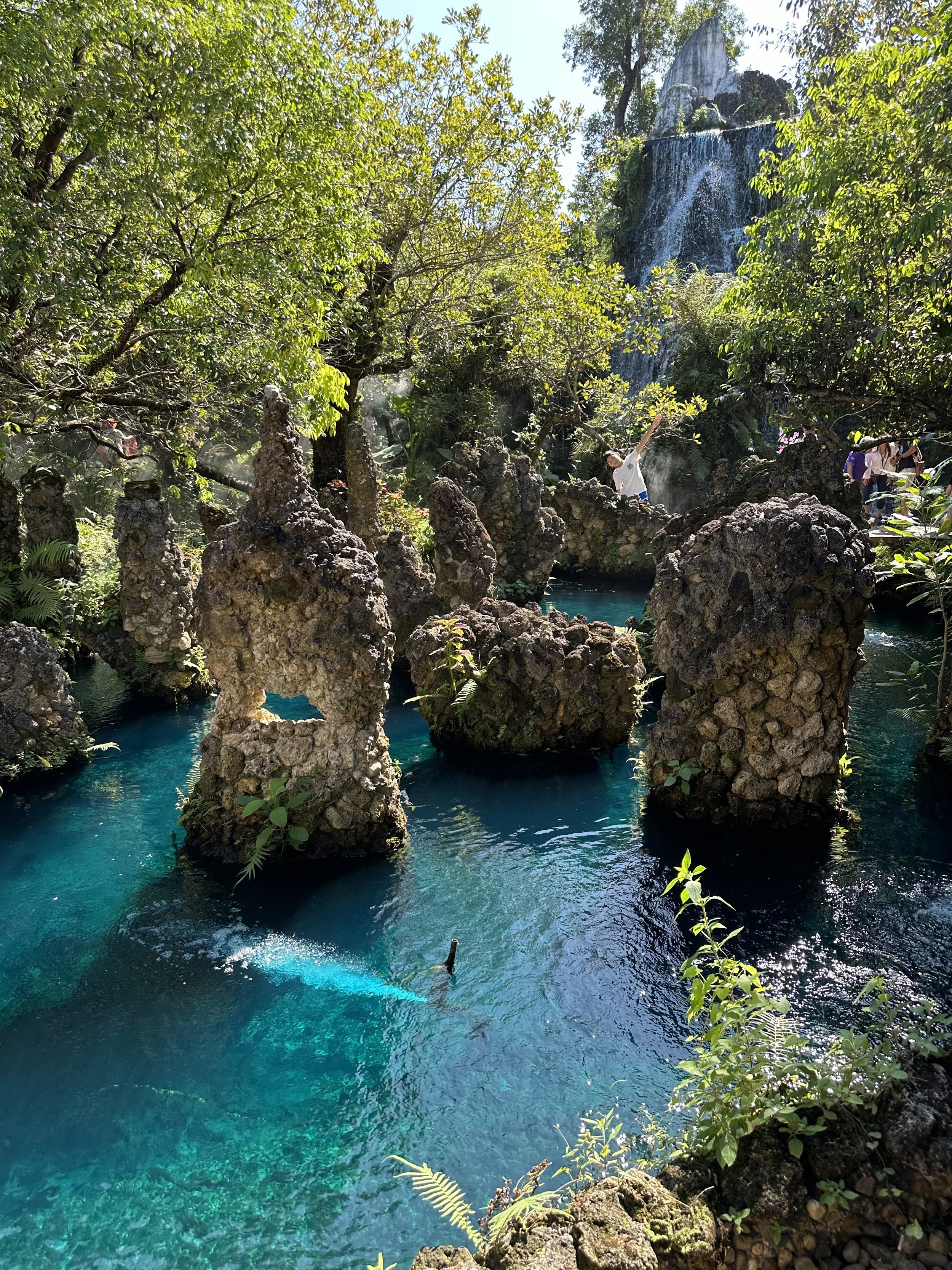A lush, green landscape with a small waterfall in the background, surrounded by trees and rocks, and a group of people walking on a rocky pathway near a turquoise river.