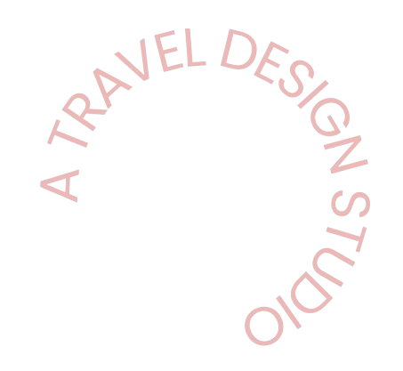 Circular text that reads 'A Travel Design Studio' in pink on a white background.