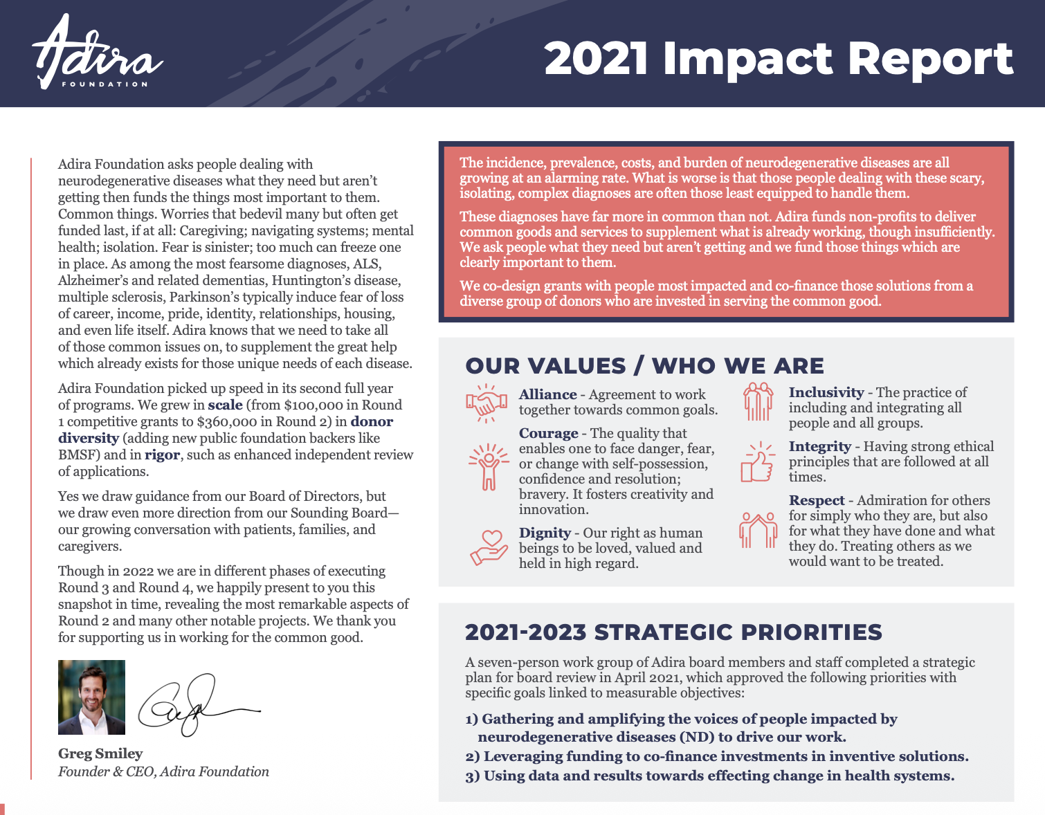 Adira Foundation 2021 Impact Report cover page with the foundation's logo, title, and a section on values and strategic priorities, including a quote and a photo of Greg Smiley.