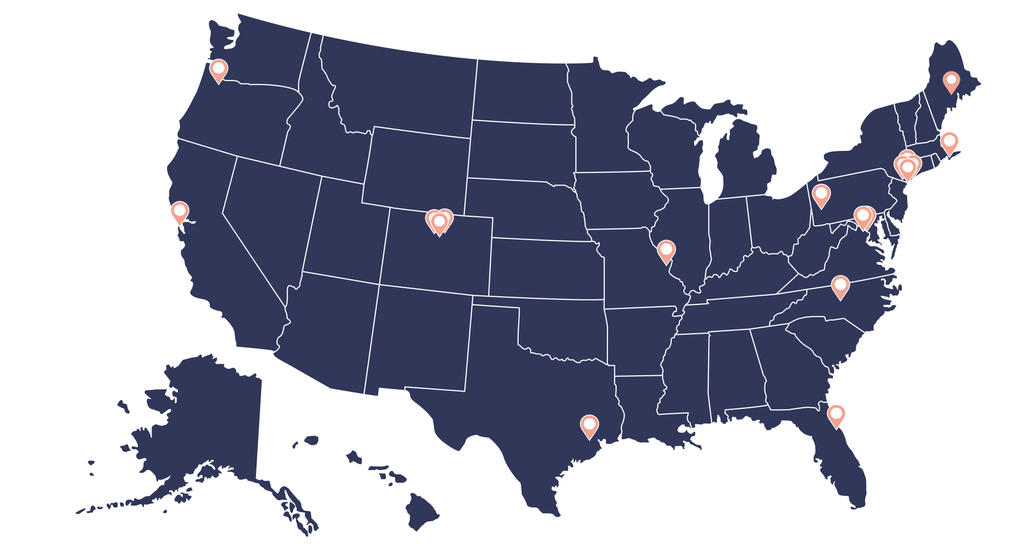Map of the United States showing various locations marked with map pins.