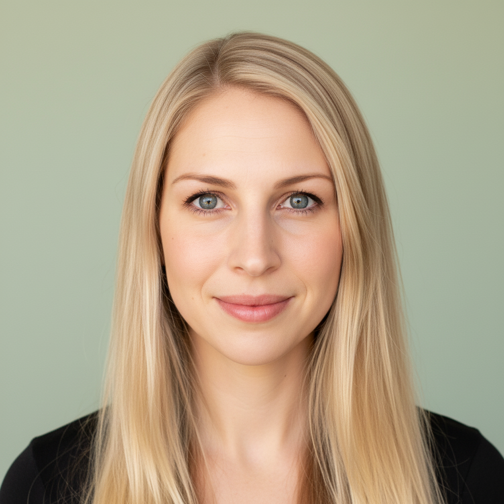 Close-up of a young woman with long blonde hair, blue eyes, and fair skin, smiling softly against a light green background.