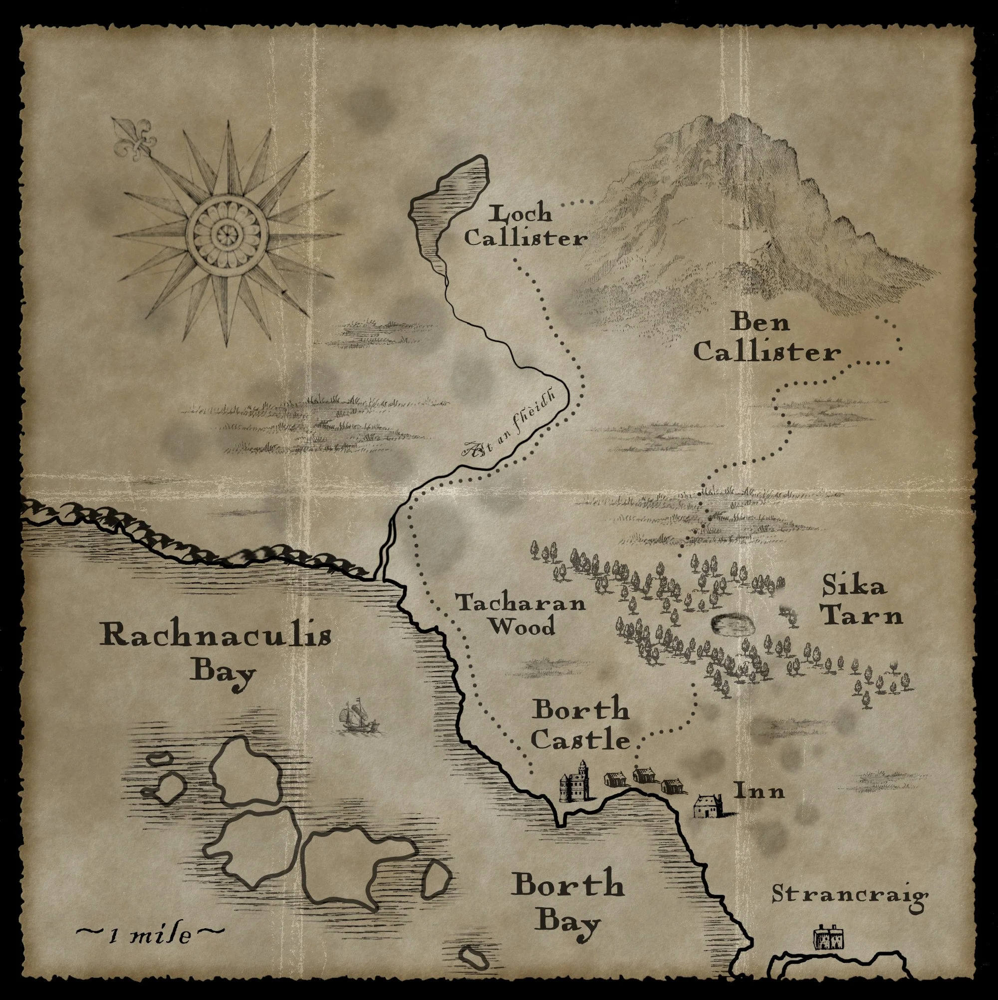 Old parchment map showing Rachnculis Bay, the settlement of Borth and Ben Callister.