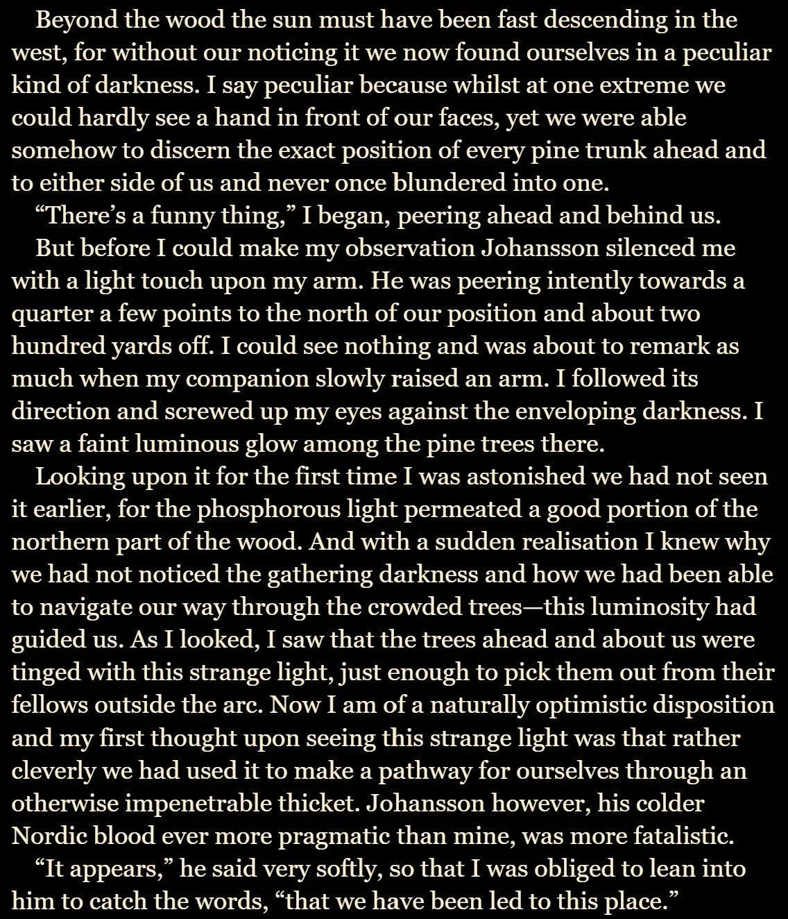 Extract. Two men wandering trho9ugh a dark forest catch sight of a strange light emanating from a body of water.