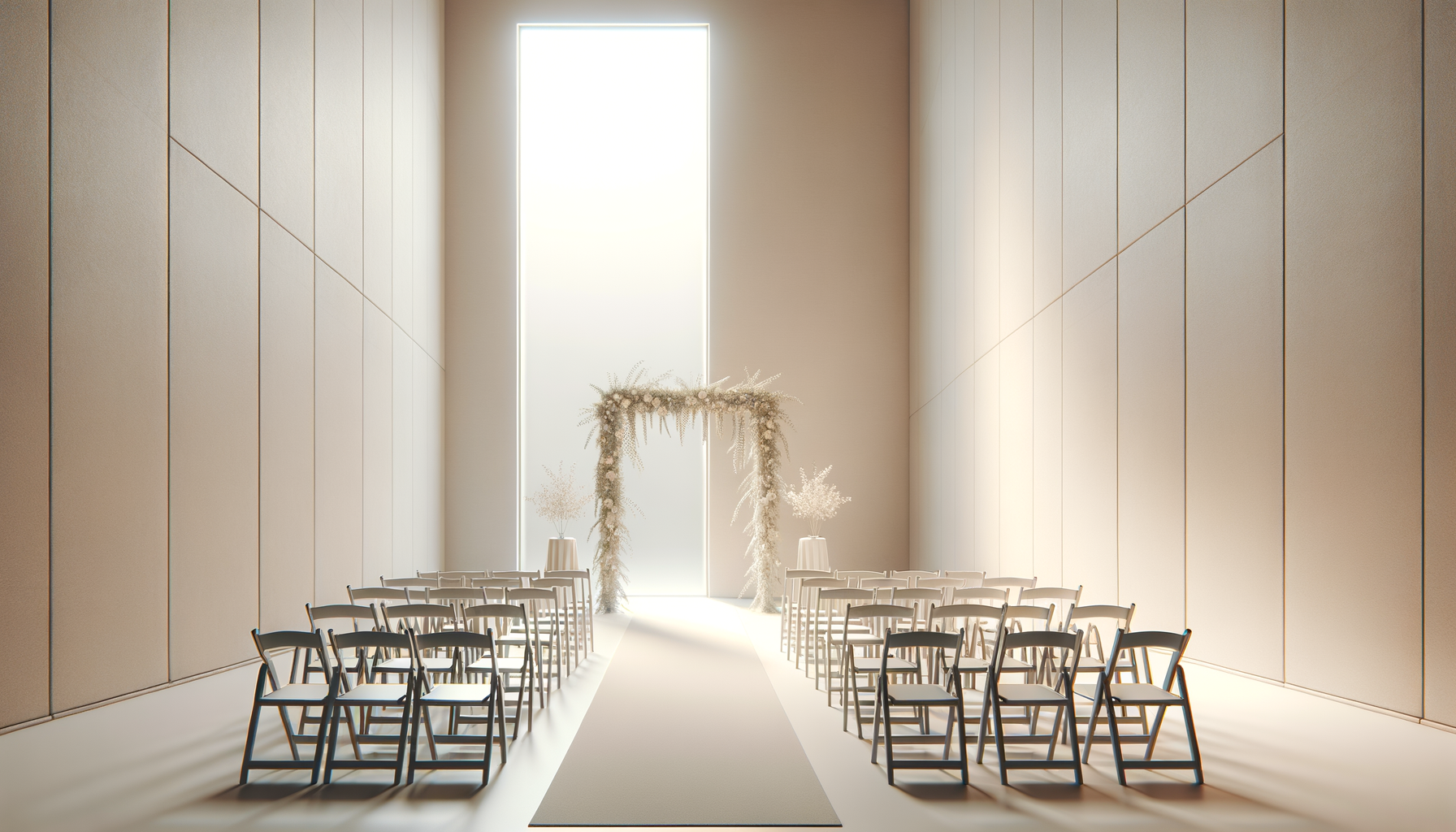 Minimalist wedding ceremony setup with two rows of white chairs facing an arch decorated with white flowers and foliage, flanked by two tall flower arrangements, inside a spacious room with beige walls and large frosted window at the back.