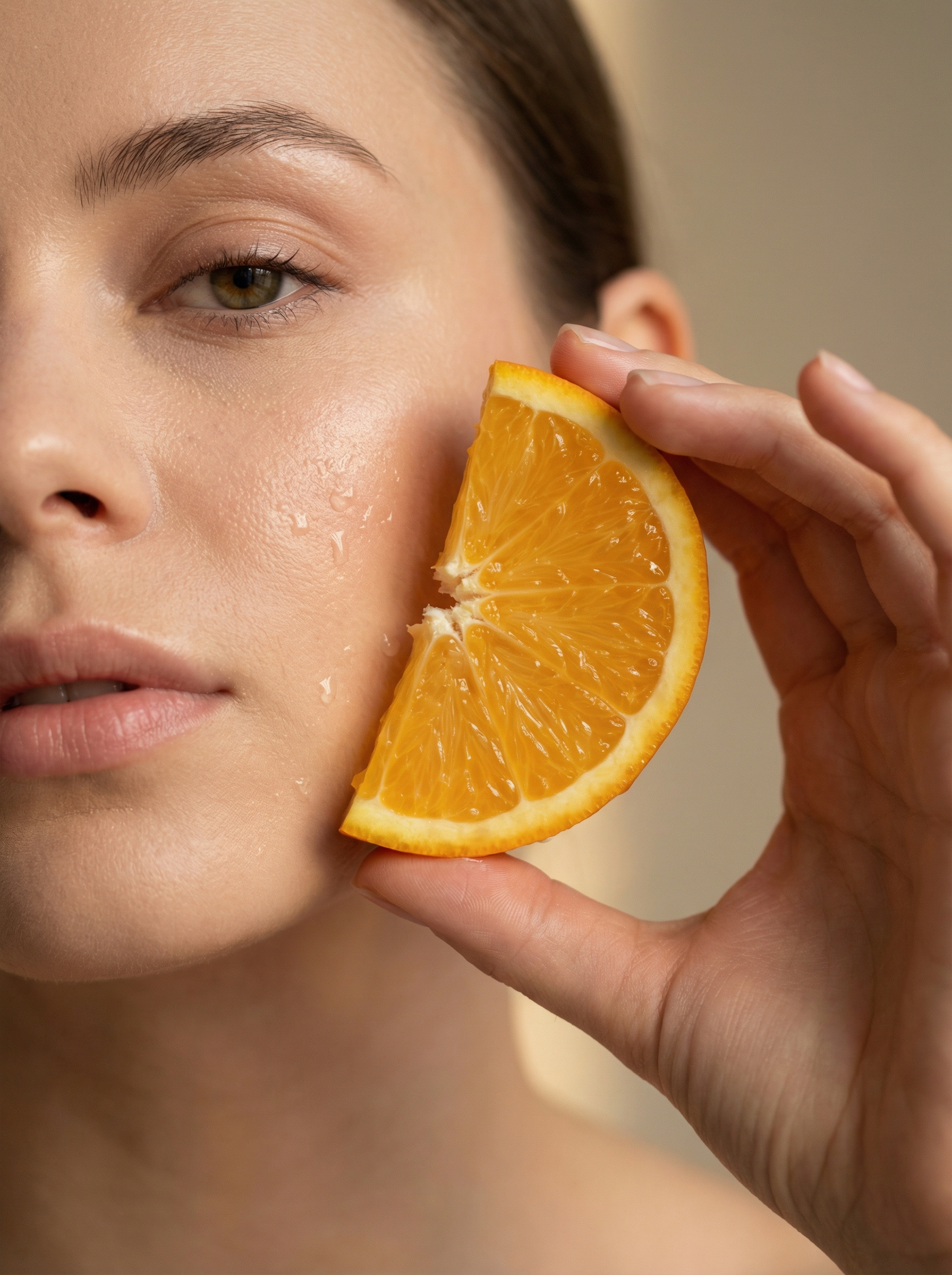 Close-up of a woman's face, partially visible, holding a slice of orange near her cheek.