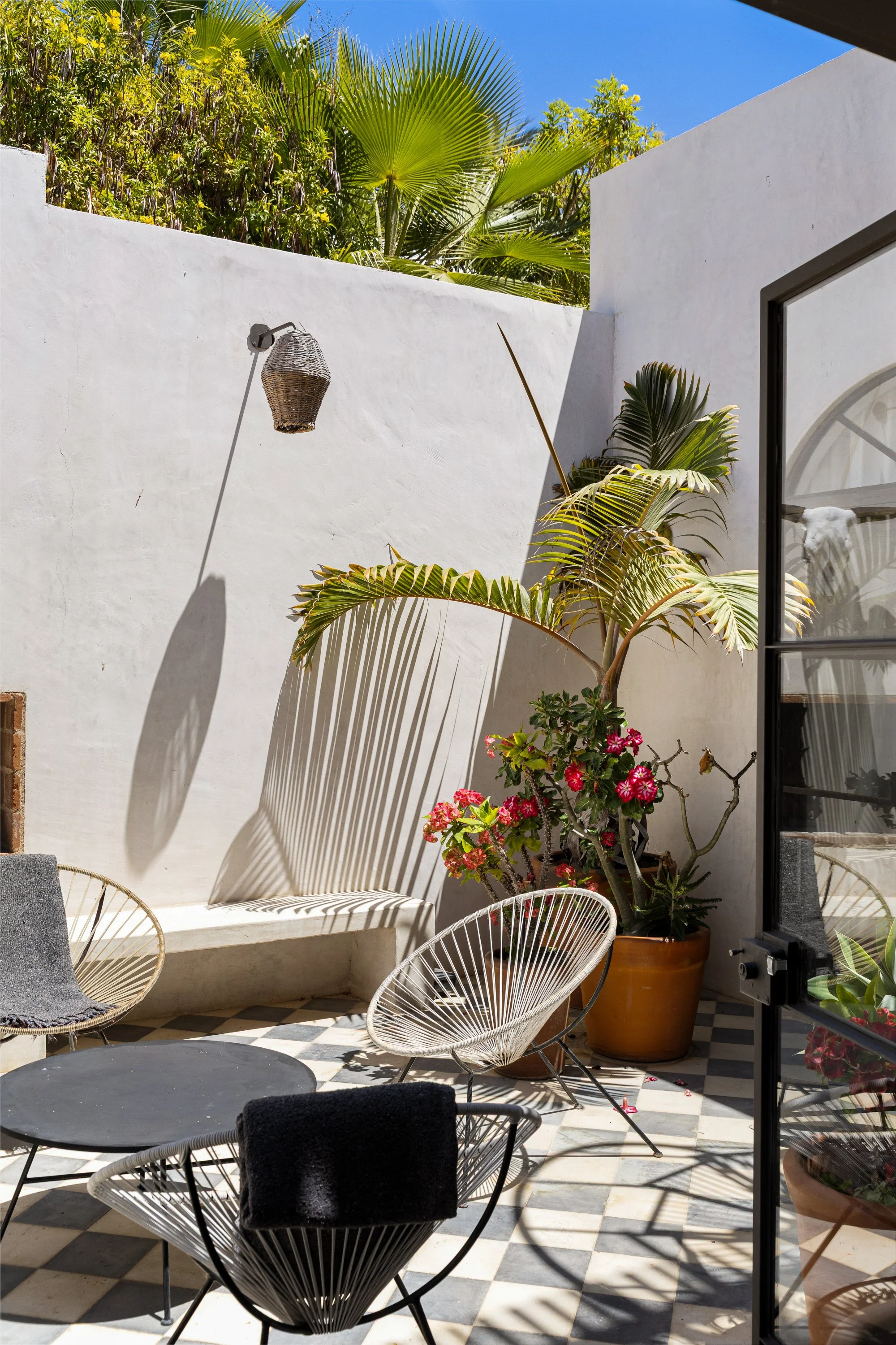 A bright outdoor patio with white walls, black and white checkered tile floor, and various plants including a potted palm and pink flowers. Shadow of a chair and a hanging wicker lamp are visible, with a clear blue sky above.