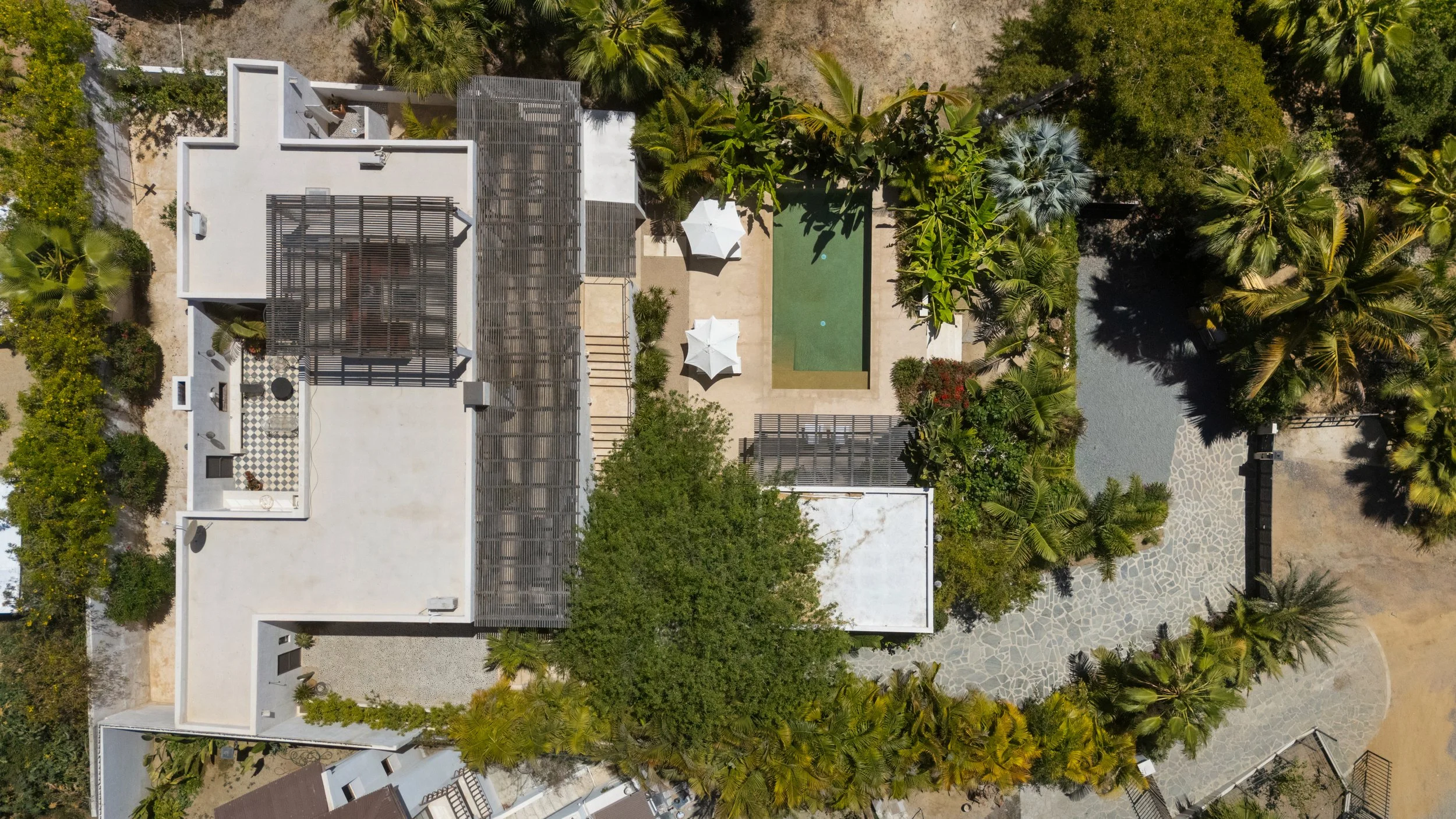 An aerial view of a modern house with a flat roof, surrounded by lush greenery, palm trees, and a small pool area with umbrellas and lounge chairs.