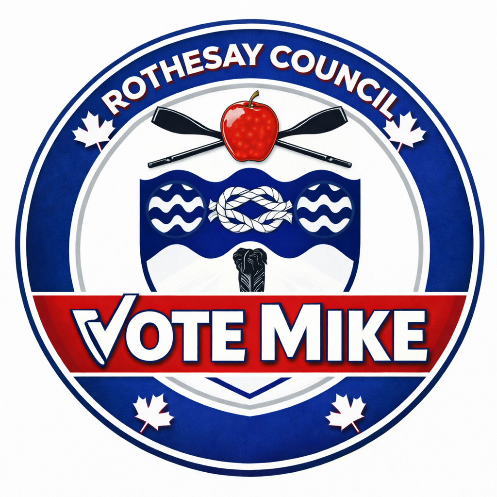 Political campaign badge for Mike with Roverthsay Council, featuring a red apple, two crossed paddles, water waves, a knot, and a feather, surrounded by maple leaves.