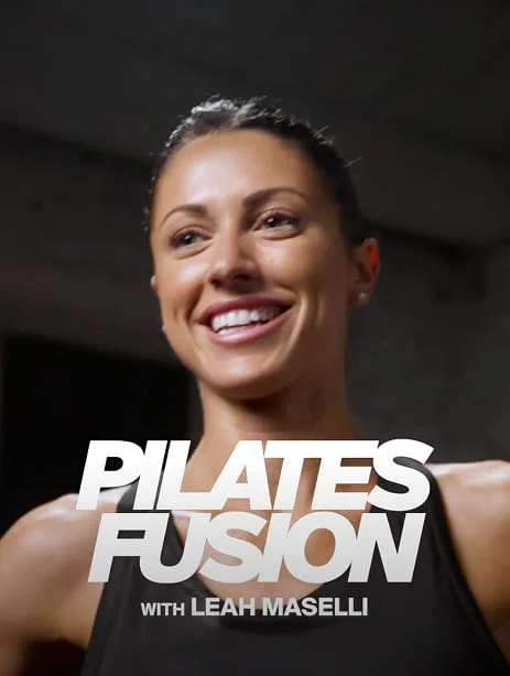 Smiling woman in workout attire with text overlay 'PILATES FUSION with LEAH MASELLI'