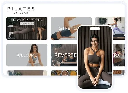 Screenshot of Pilates class planning app interface with options for springboard class plan, strength, welcome, reverse, and TRX, featuring a woman in workout attire and a smartphone showing the Pilates instructor sitting cross-legged.