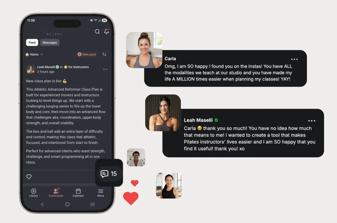Screenshot of a fitness app on a smartphone showing a class plan for advanced reformer Pilates, with a social media feed featuring comments and reactions from users.