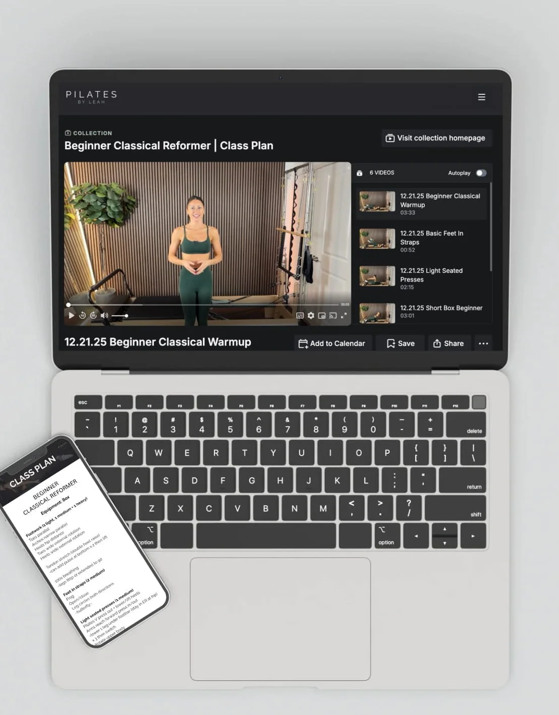 Laptop and smartphone showing online Pilates class, with instructor and workout videos on screens.