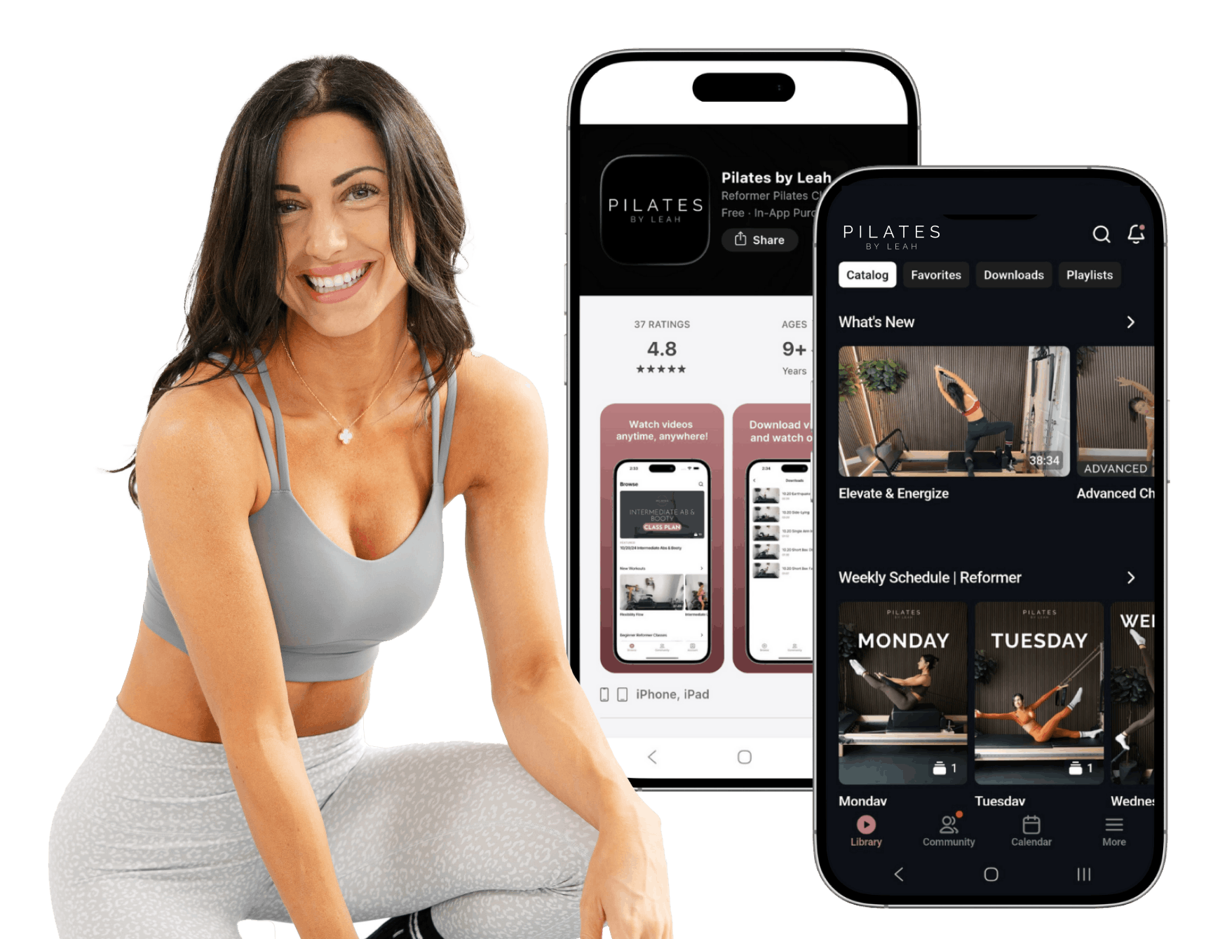 A smiling woman wearing a gray sports bra and white patterned leggings, sitting on the floor, with two smartphones displaying Pilates app interfaces in front of her.