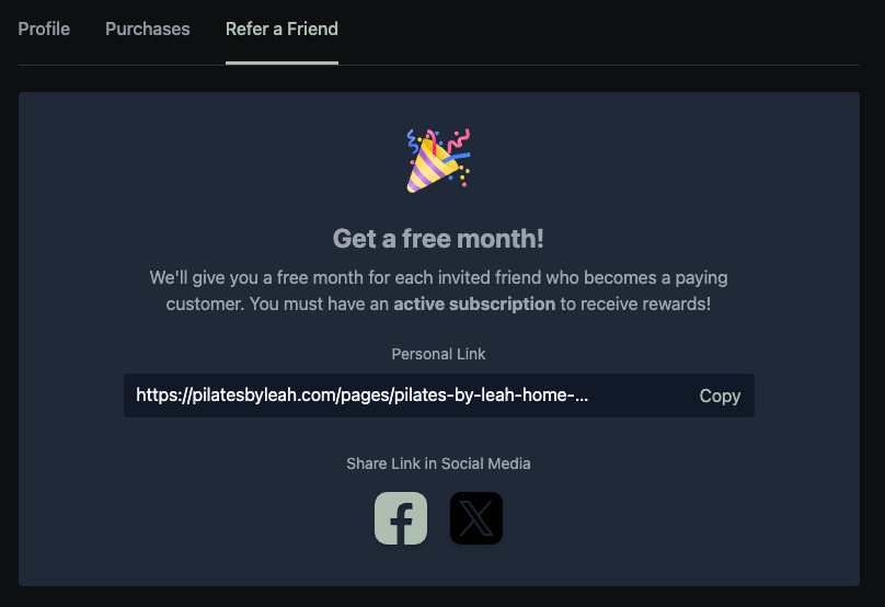 A digital screenshot of a referral program with a dark background. It offers a free month for inviting friends who become paying customers. The screen displays a personal link and social media share icons (Facebook and BlackX). There is a celebratory party popper icon and text promoting the offer.