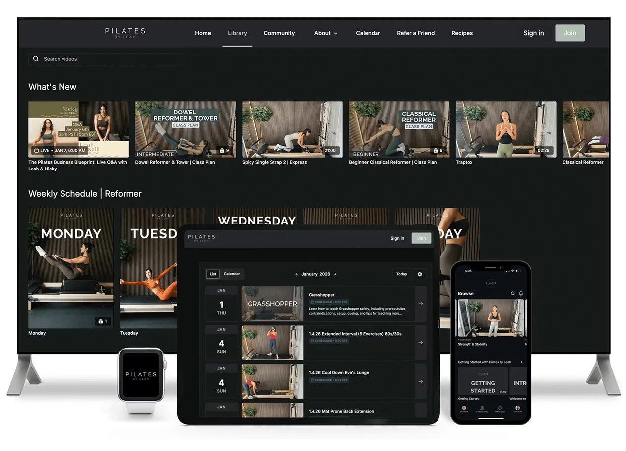 Screenshot of the Pilates by Leah website, showing a variety of online Pilates classes on a computer monitor, tablet, smartphone, and smartwatch.