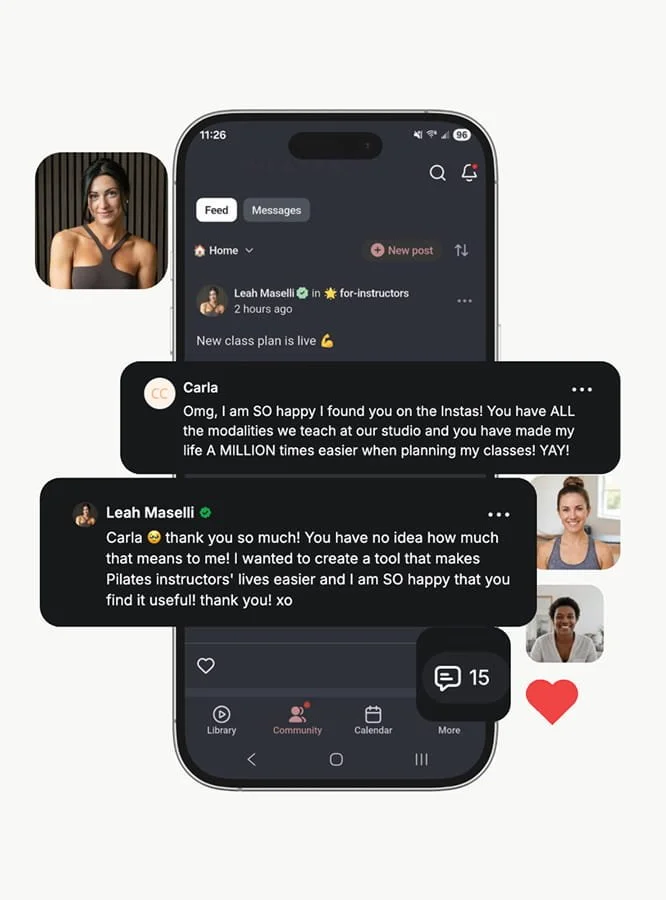 Screenshot of a mobile app showing messages between Leah Maselli, Carla, and other users, with video call thumbnails of women practicing Pilates or fitness.