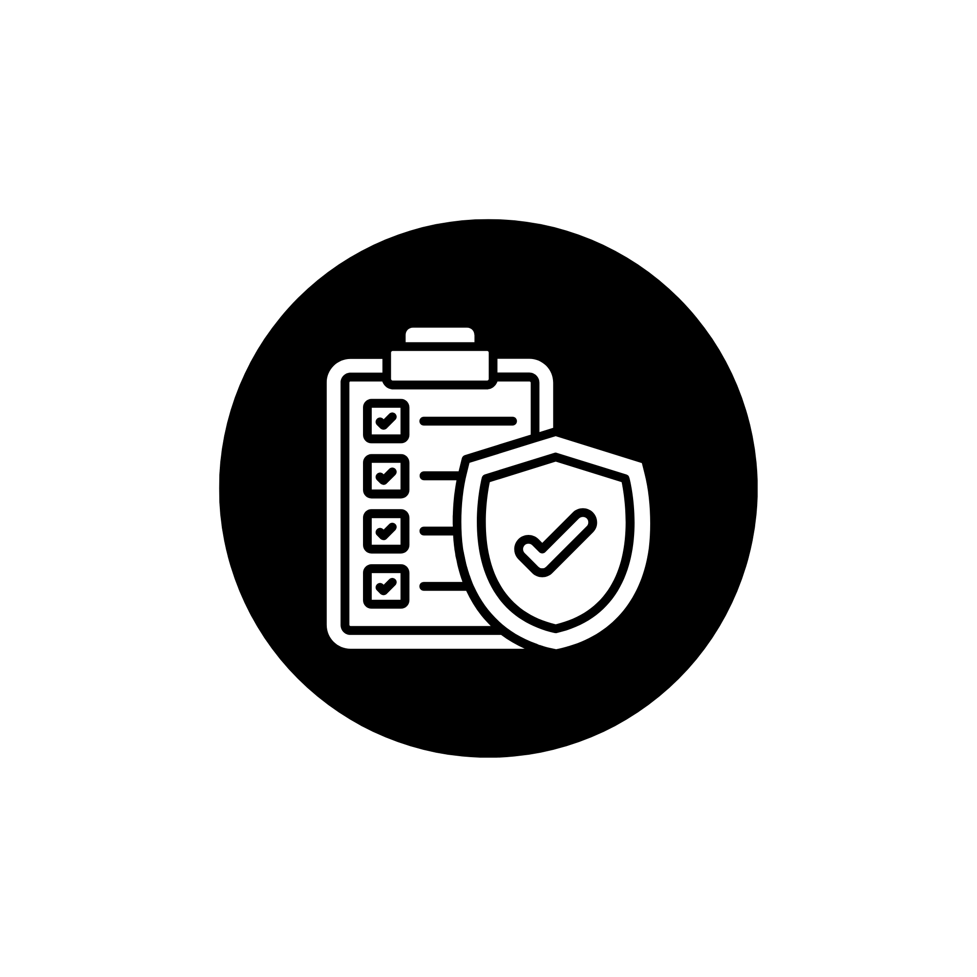 Line of checkmarks and a shield icon with a checkmark symbolizing code and compliance.
