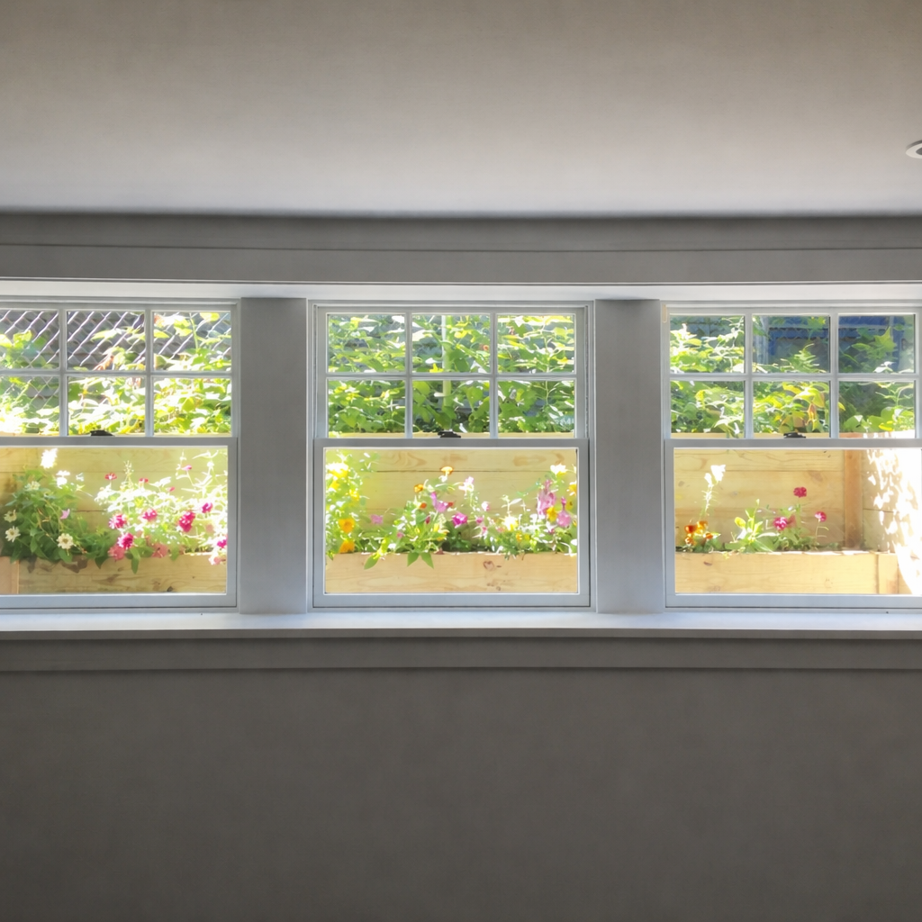 Inside view of a room showing three escape windows with white frames, looking out onto a garden with green plants and colorful flowers in wooden planters.