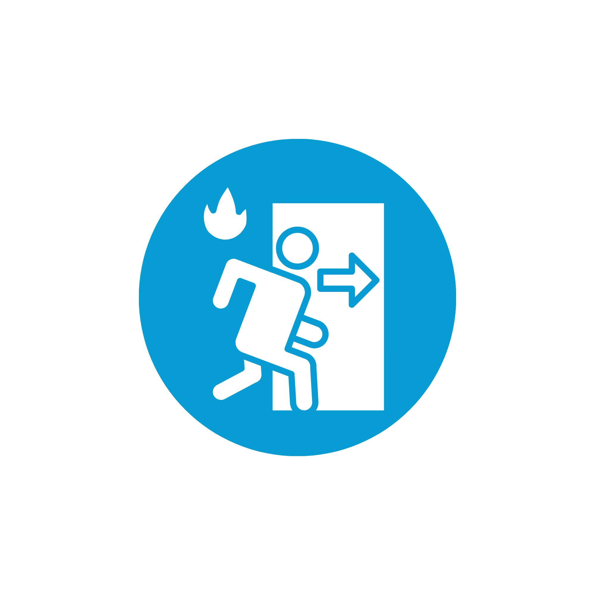 Emergency exit sign with running person arrow and fire symbol in blue circular background.