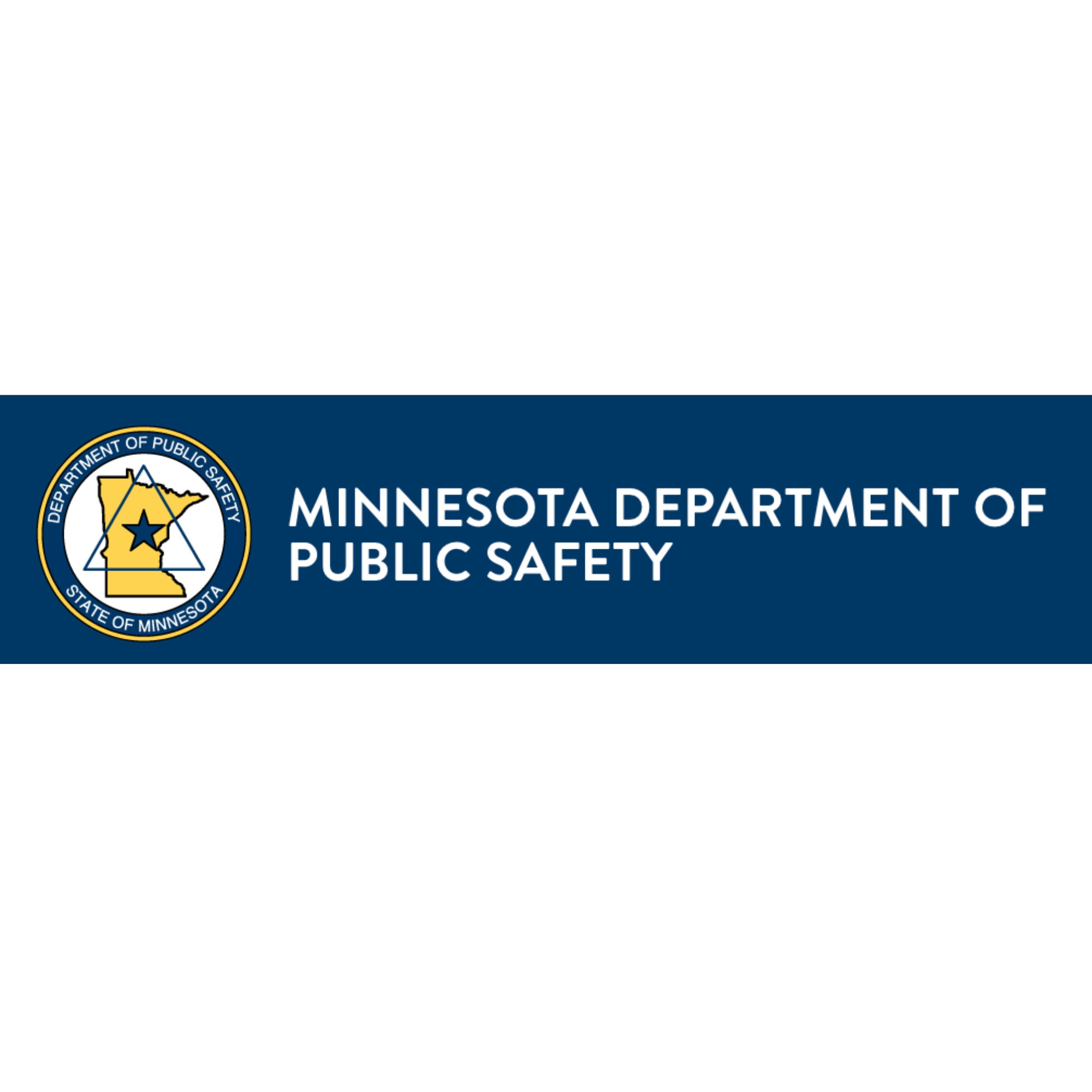 Logo of the Minnesota Department of Public Safety, Department of Public Safety seal featuring a yellow outline of the state of Minnesota with a blue star, a triangle and a circle, over a dark blue background with white text.