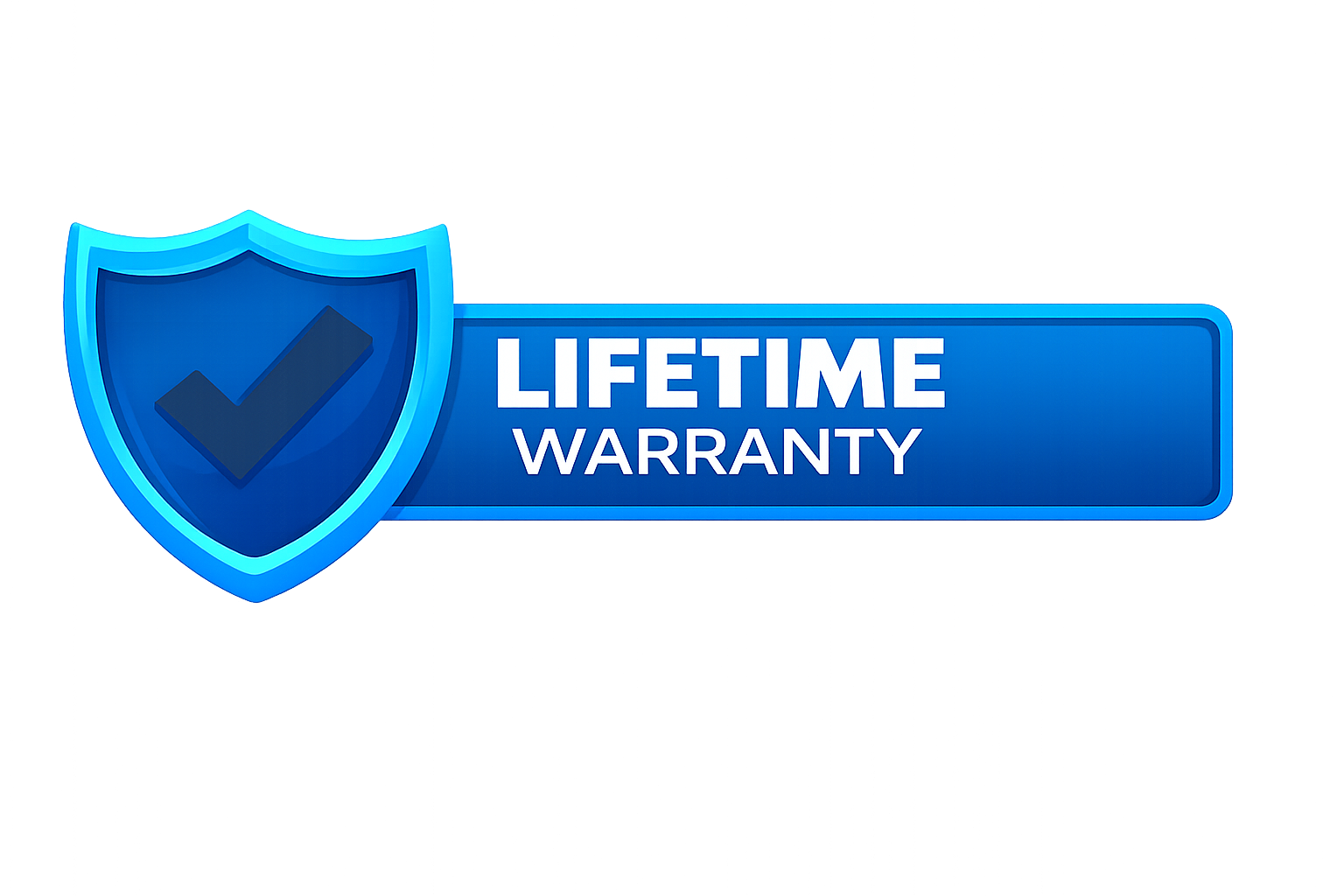 Blue graphic featuring a shield with a checkmark and the text "LIFETIME WARRANTY" in white capital letters.