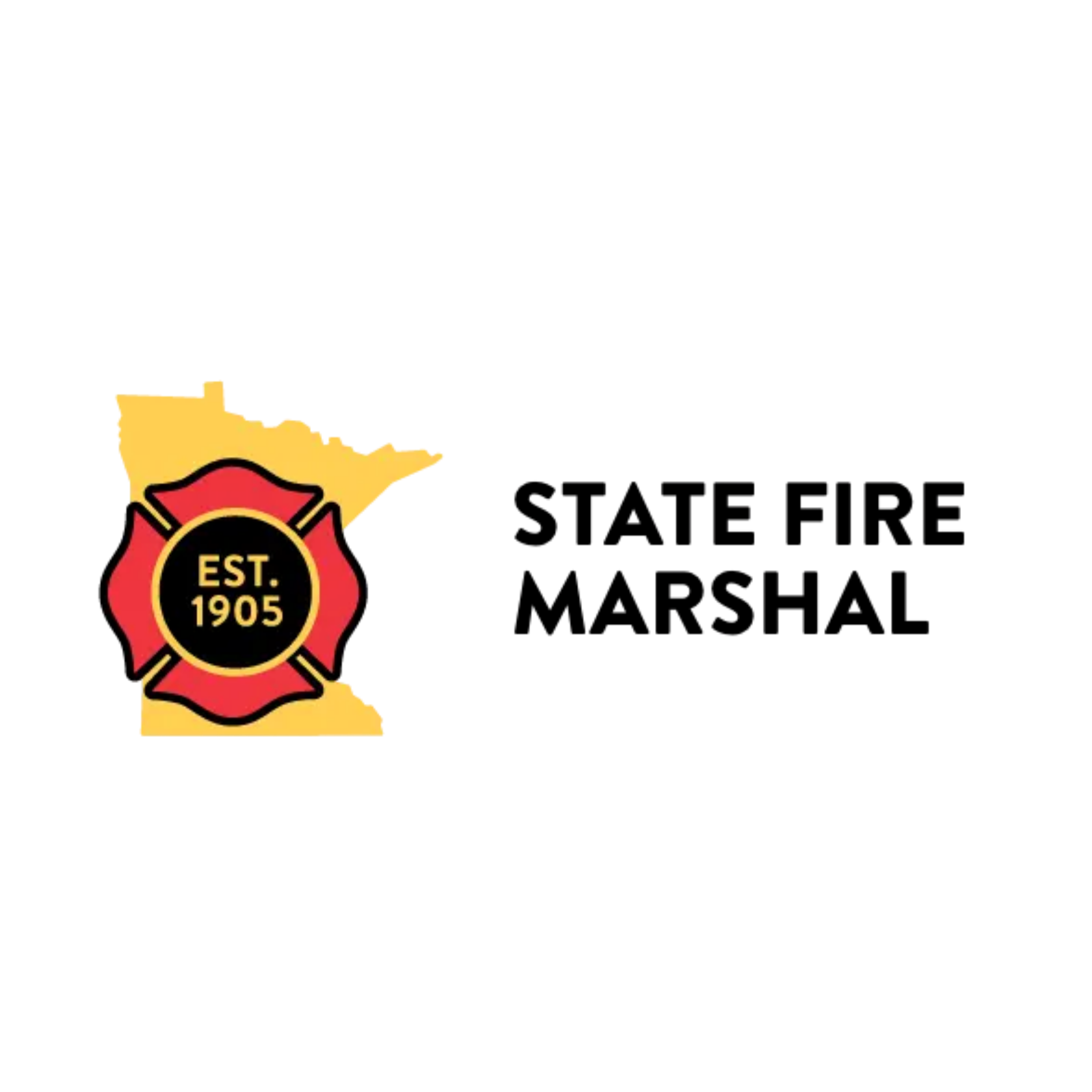 Black firefighter logo with a red and yellow Maltese cross emblem and the text 'EST. 1905' in the center which is the State Fire Marshal in Minnesota.