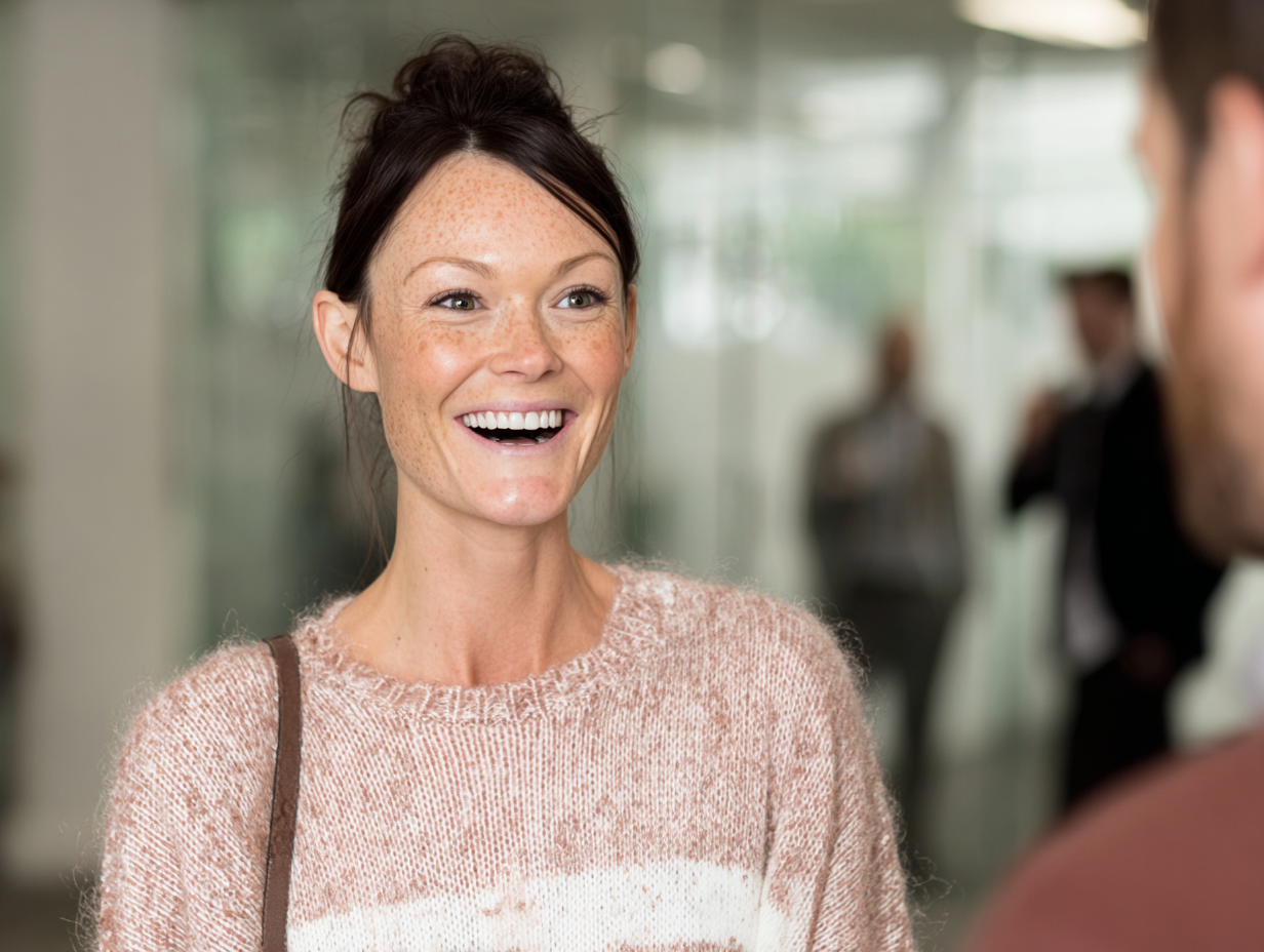 A woman with dark hair, freckles, and a sweater, smiling and talking to someone in an indoor setting.
