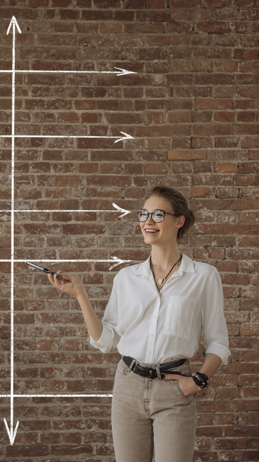 A woman with glasses and a white shirt standing in front of a brick wall with white chalk lines and arrows drawn vertically and horizontally.
