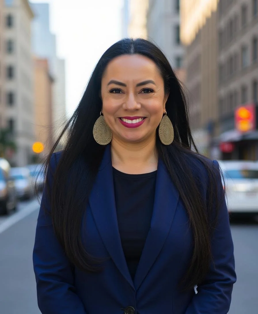 A smiling woman with long black hair, wearing large oval earrings, a navy blazer, and a black top, standing on a busy city street with tall buildings and cars in the background.