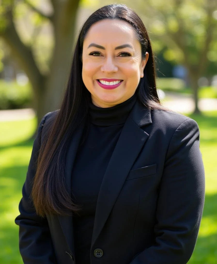 A woman with long dark hair smiling outdoors, wearing a black blazer and a black turtleneck.