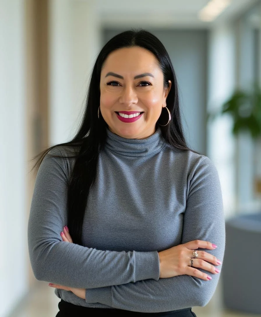 Portrait of a smiling woman with dark hair, wearing hoop earrings and a gray turtleneck, standing in a bright indoor space with blurred background.