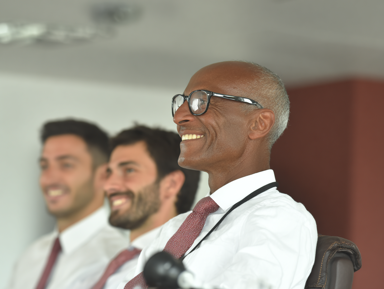 Close-up of smiling senior African American man in glasses, white shirt, red tie, sitting with two younger men in business attire in an office.