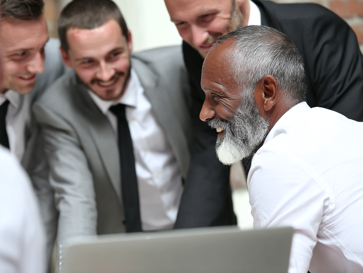 A group of five men gathered around a laptop, smiling and looking at the screen, indicating teamwork or collaboration.